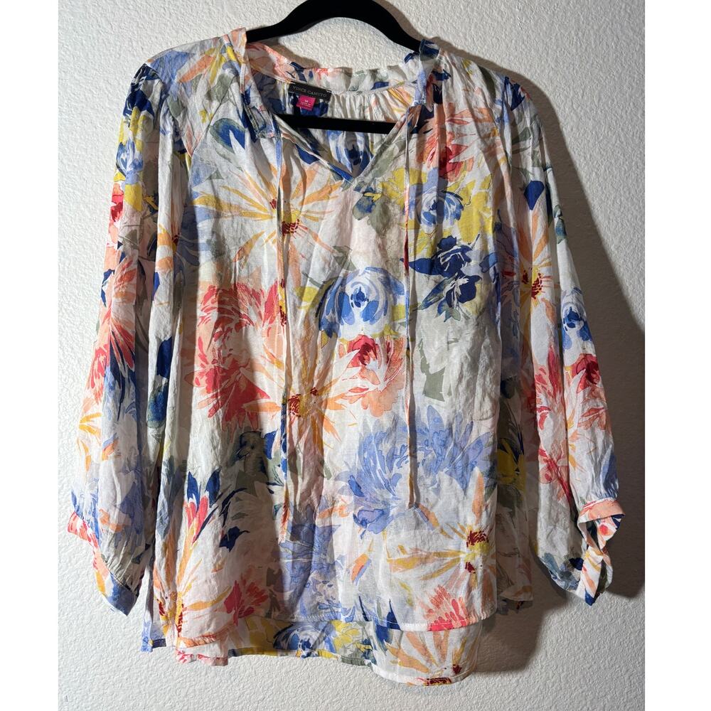 Vince Camuto Size M Pastel Multicolor Floral Split Tie-Neck Long Sleeve Top